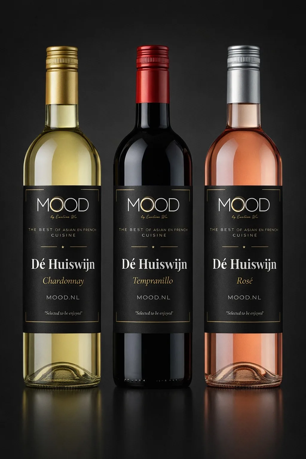 Donkere premium huiswijnen voor restaurant MOOD — chardonnay, tempranillo, rosé